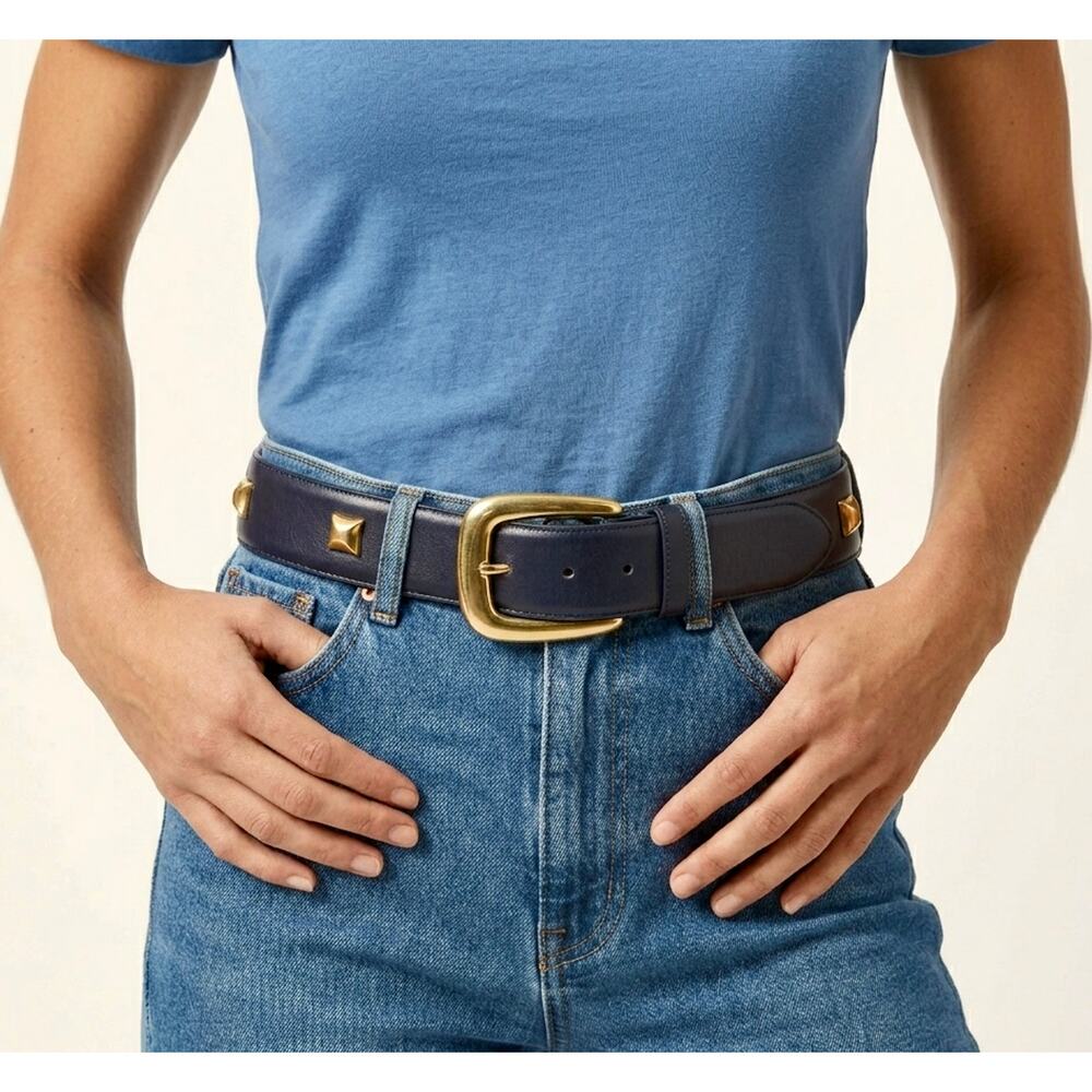 Vintage Liz Claiborne Navy Leather Belt Gold Stud Buckle Medium 80s 90s